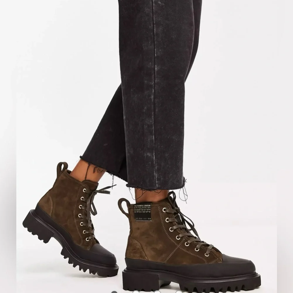 NWT All Saints Myla suede boot in olive/brown with black trim - Picture 2 of 13